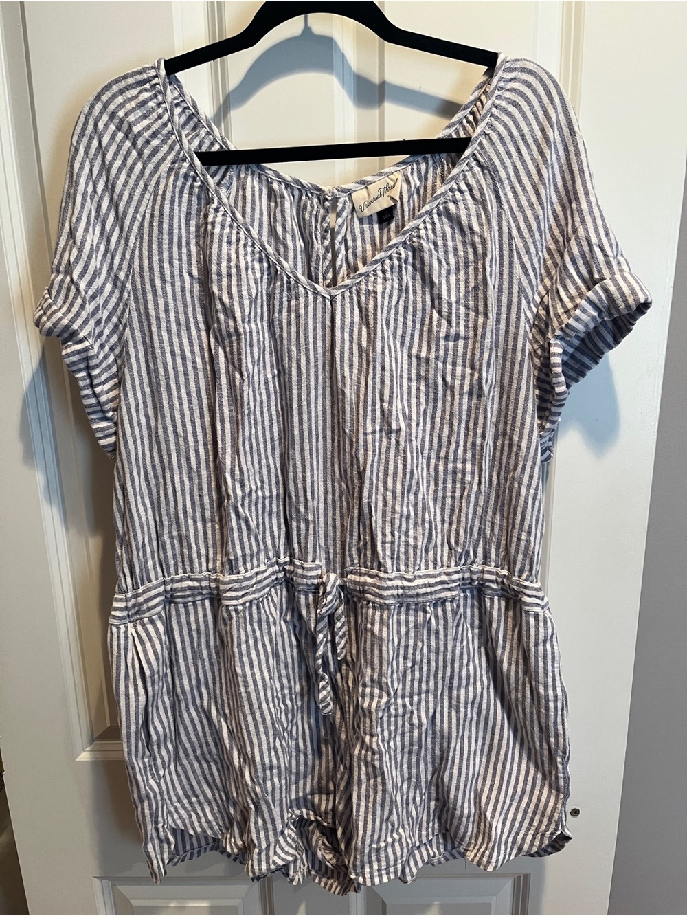 Universal Thread Romper L ight Blue and White Striped Drawstring V-Neck Shorts